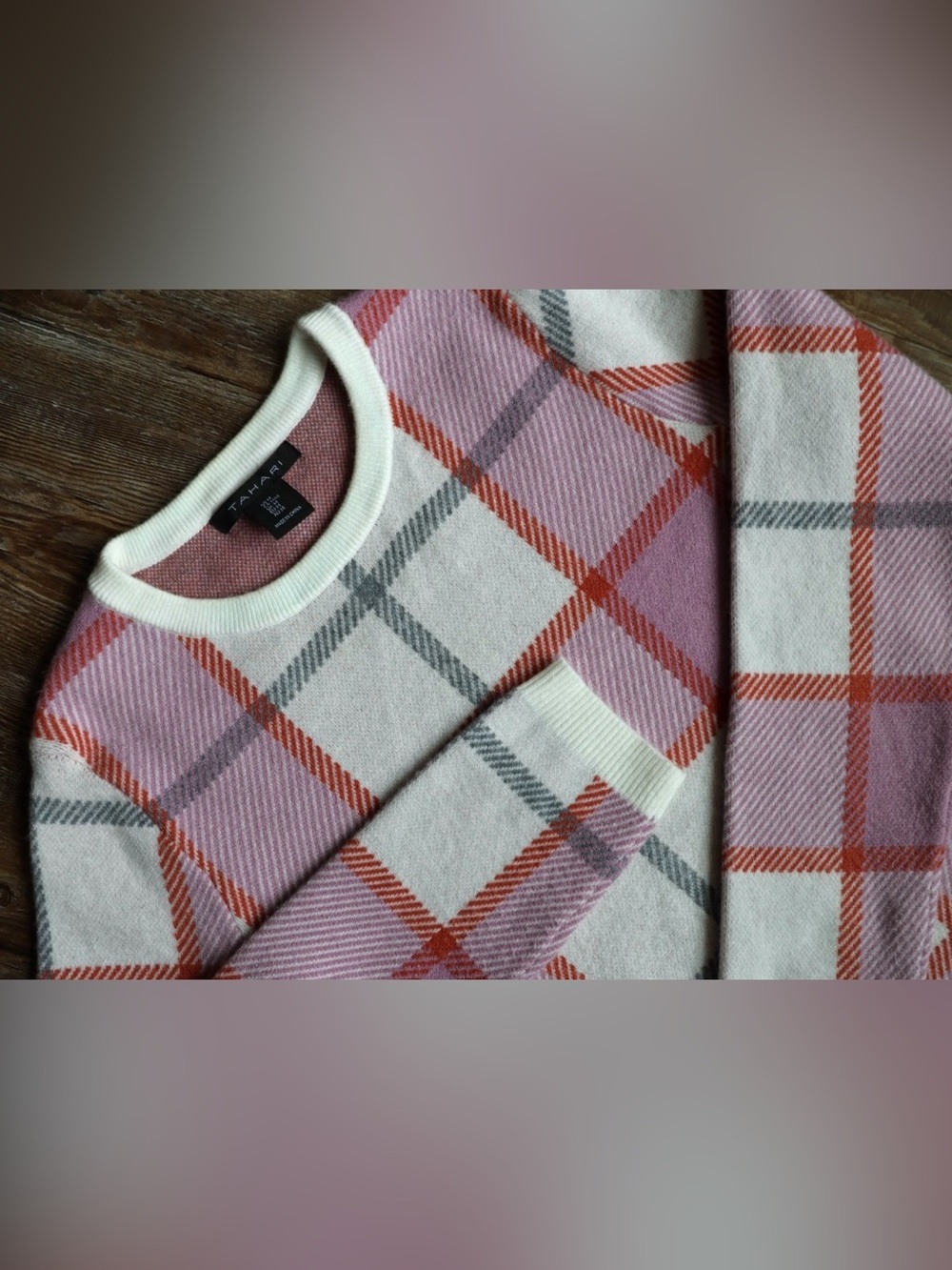 Preppy Soft Knit Pink Plaid Windowpane Crewneck Sweater Cozy Womens Medium